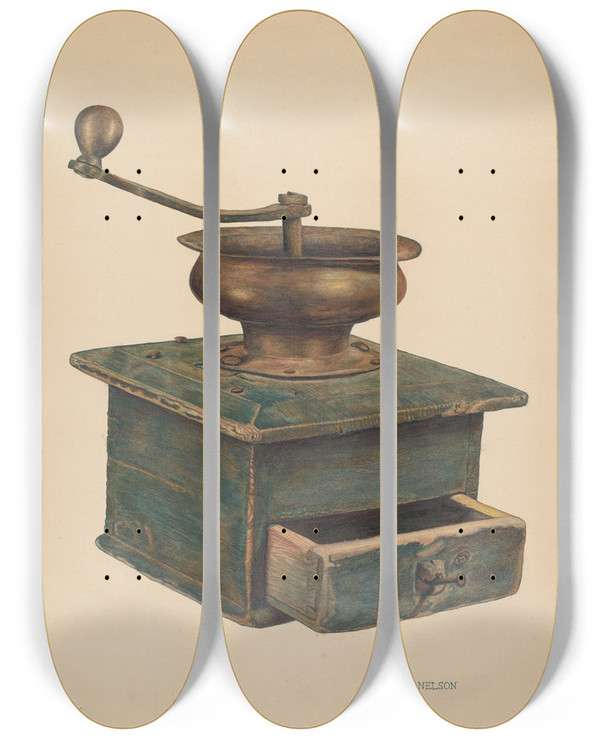 Triptych art skateboard deck of Lelah Nelson Coffee Mill by Lelah Nelson