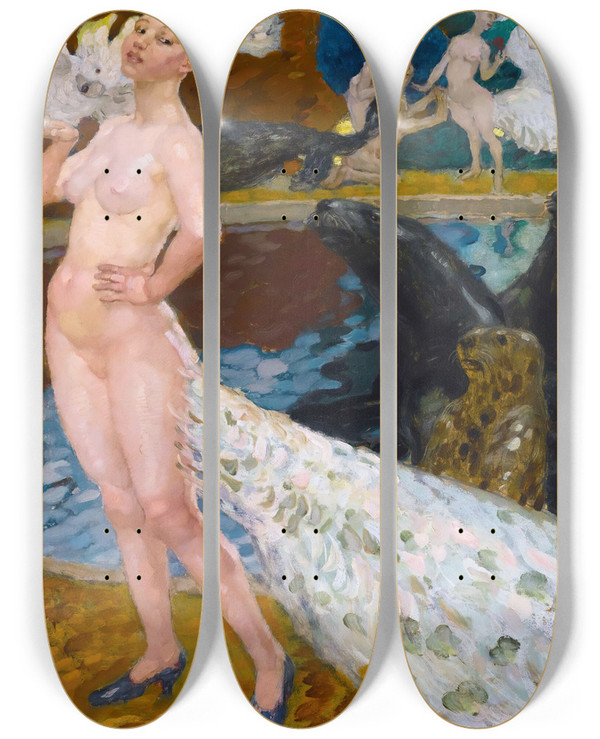 Triptych art skateboard deck of Leo Putz The Enchanted Garden by Leo Putz (1869-1940)