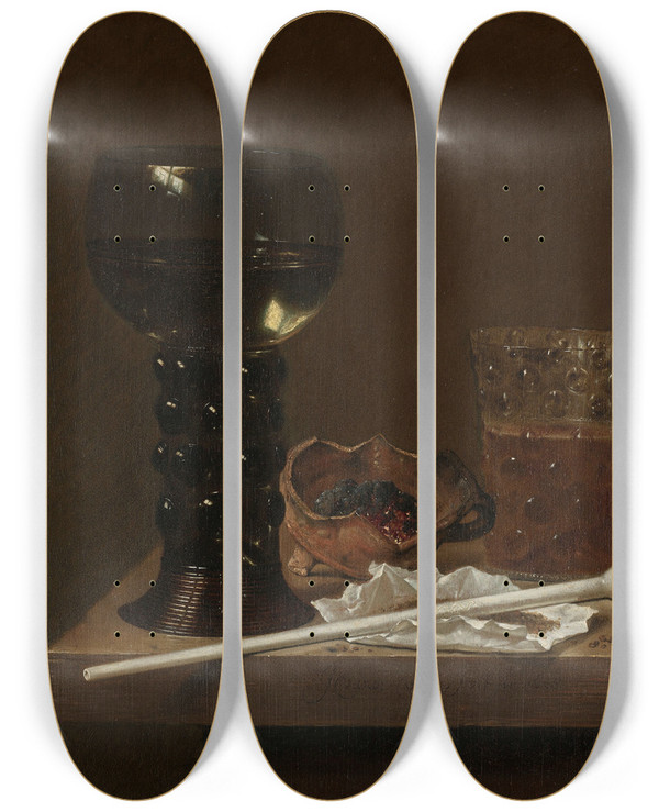 Triptych art skateboard deck of Jan Jansz Van De Velde Iii Still Life With Roemer Beer Glass And A Pipe by Jan Jansz. van De Velde III (1620-1662)
