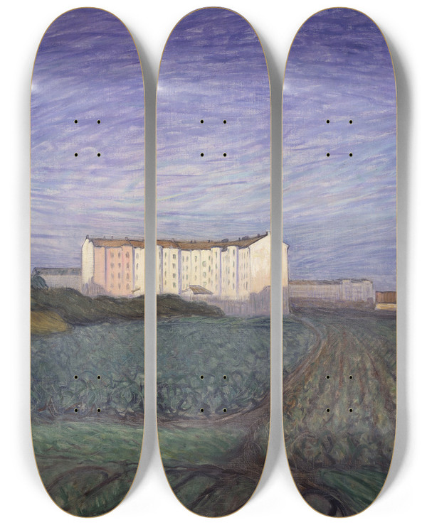 Triptych art skateboard deck of Eugne Jansson The Outskirts Of The Town by Eugene Jansson (1862-1915)