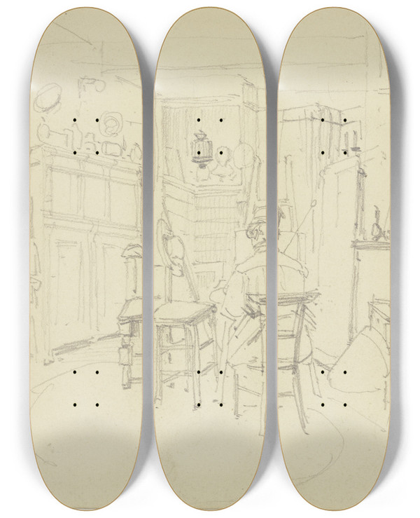 Triptych art skateboard deck of Jakob Becker Artists Studio by Jakob Becker (1810-1872)