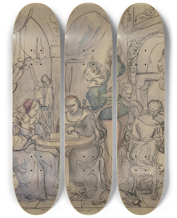 Triptych art skateboard deck of Victor Mller Lautenspieler In Historischer Tracht In Galanter Salongesellschaft by Victor Muller (1829-1871)