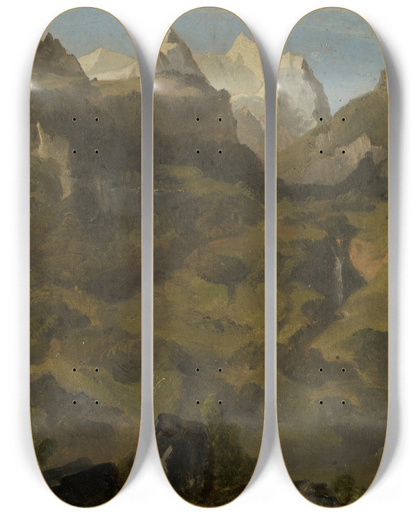 Triptych art skateboard deck of Jakob Christoph Miville Reichenbach Falls And The Wetterhorn by Jakob Christoph Miville (1786-1836)