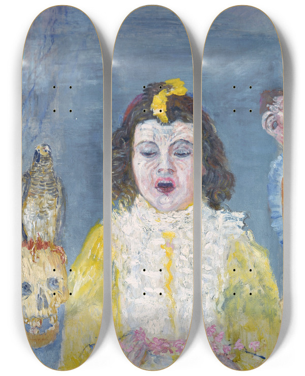 Triptych art skateboard deck of James Ensor Girl With Masks Communion by James Ensor (1860-1949)