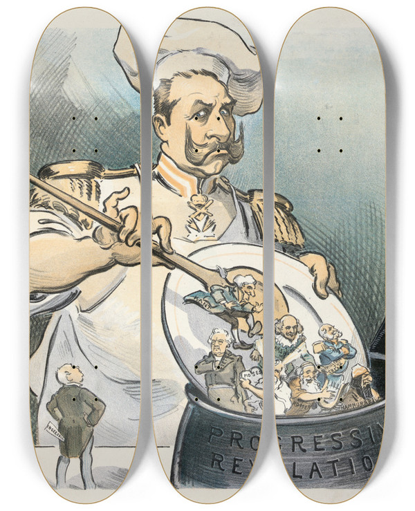 Triptych art skateboard deck of Udo Keppler The Kaisers Goulash by Udo Keppler (1872-1956)