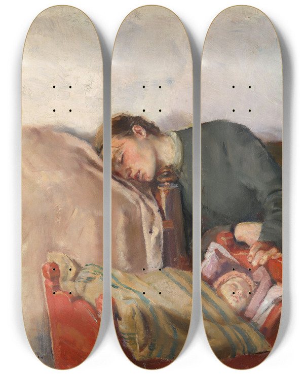 Triptych art skateboard deck of Christian Krohg Mother And Child by Christian Krohg (1852-1925)