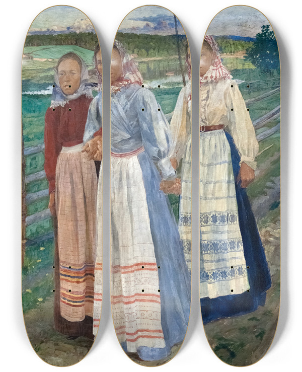Triptych art skateboard deck of Carl Wilhelmson Saturday Evening by Carl Wilhelmson (1866-1928)
