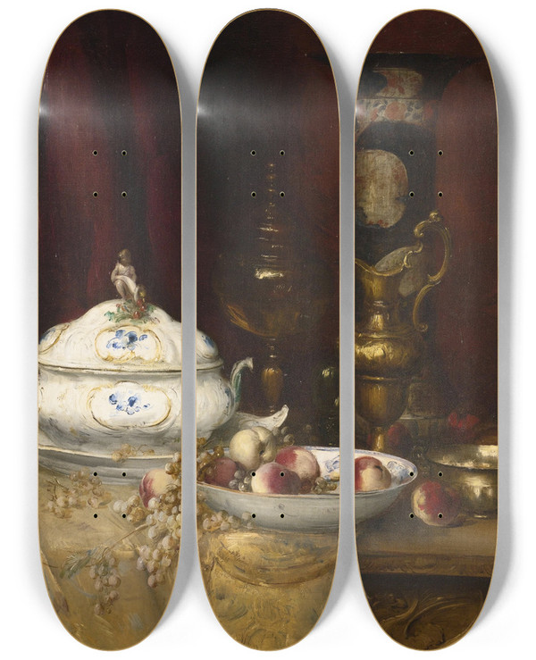 Triptych art skateboard deck of Antoine Vollon Still Life Of Elegant Objects by Antoine Vollon (1833-1900)