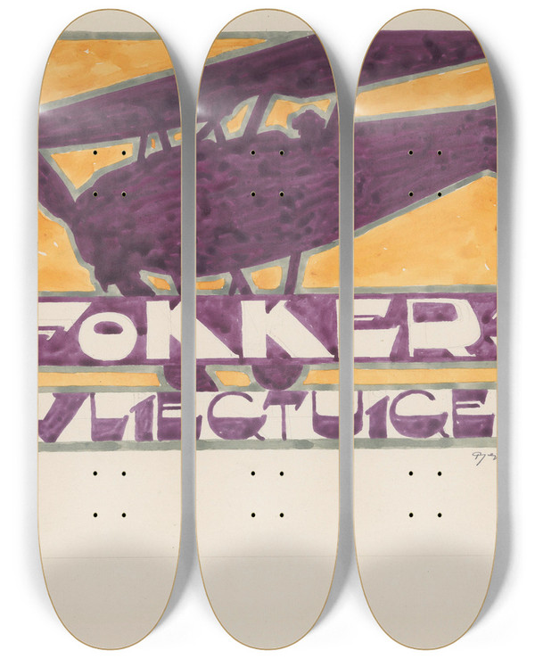 Triptych art skateboard deck of Reijer Stolk Ontwerp Voor Reclame Voor Fokkers Vliegtuigen by Reijer Stolk (1896-1945)