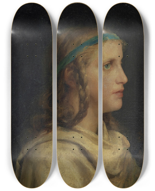 Triptych art skateboard deck of Albert Anker Portrait Of A Girl In Profile by Albert Anker (1831-1910)