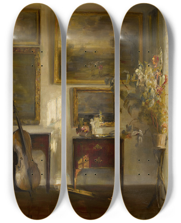 Triptych art skateboard deck of Carl Holse Interior With Cello by Carl Holsoe (1863-1935)