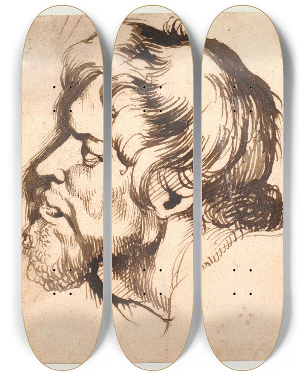 Triptych art skateboard deck of Anthony Van Dyck Head Of A Man_2 by Anthony Van Dyck (1599-1641)