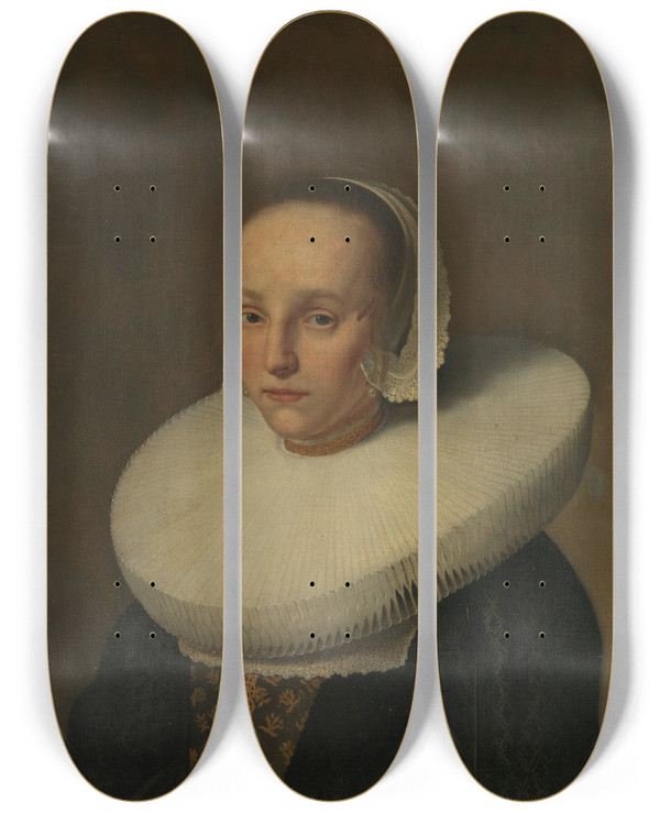 Triptych art skateboard deck of Paulus Hennekyn Portrait Of Anna Van Der Does 16091650 by Paulus Hennekyn (1611-1671)