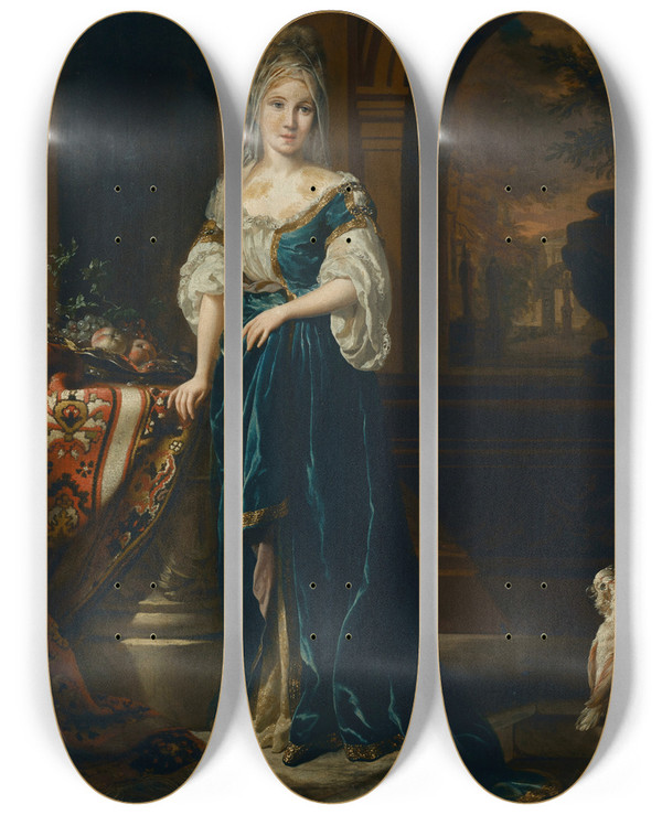 Triptych art skateboard deck of Jan Weenix Portrait Of An Elegantly Dressed Young Woman In An Interior by Jan Weenix (1641-1719)