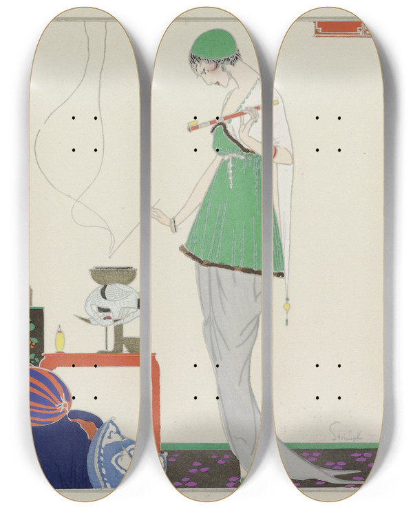 Triptych art skateboard deck of Ludwik Strimpl La Fume Noire Robe Du Soir De Redfern by Ludwik Strimpl (1880-1937)