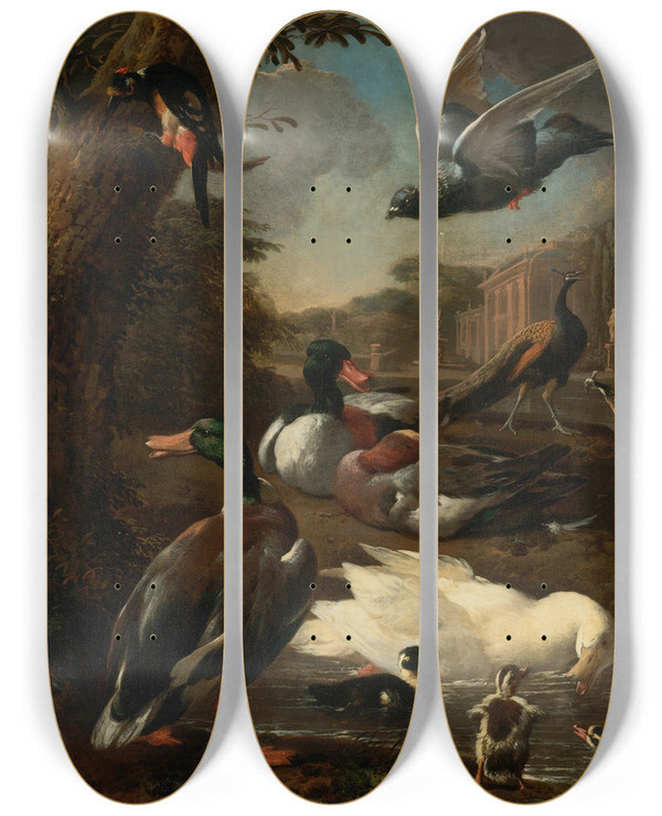 Triptych art skateboard deck of Melchior Dhondecoeter A Peacock Pigeon Ducks And Other Birds In A Garden Setting by Melchior d'Hondecoeter (1636-1695)