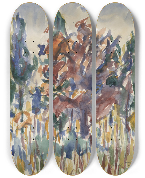 Triptych art skateboard deck of Allen Tucker Octobertrees by Allen Tucker (1866-1939)