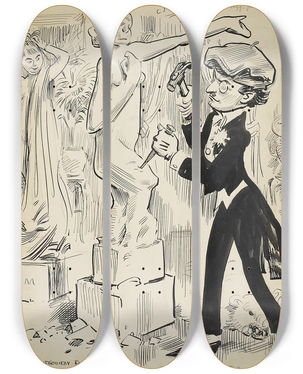 Triptych art skateboard deck of James Montgomery Flagg Cartoon Illustration by James Montgomery Flagg (1877-1960)