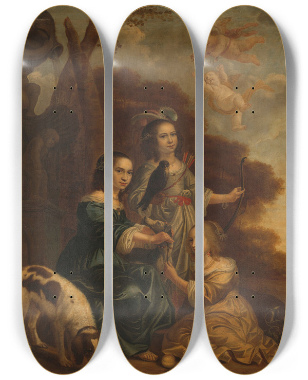 Triptych art skateboard deck of Jacob Willemsz Delff The Younger Portrait Of Geertruyt Margriet And Anna Delff The Artists Daughters Portrait Of Three Little Girls In A Landscape by Jacob Willemsz Delff The Younger (1619-1661)