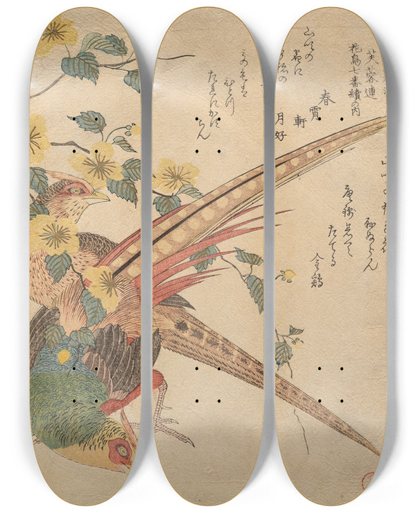 Triptych art skateboard deck of Kubo Shunman Pair Of Chinese Pheasants And A Branch Of Yamabukiflowers by Kubo Shunman (1757-1820)