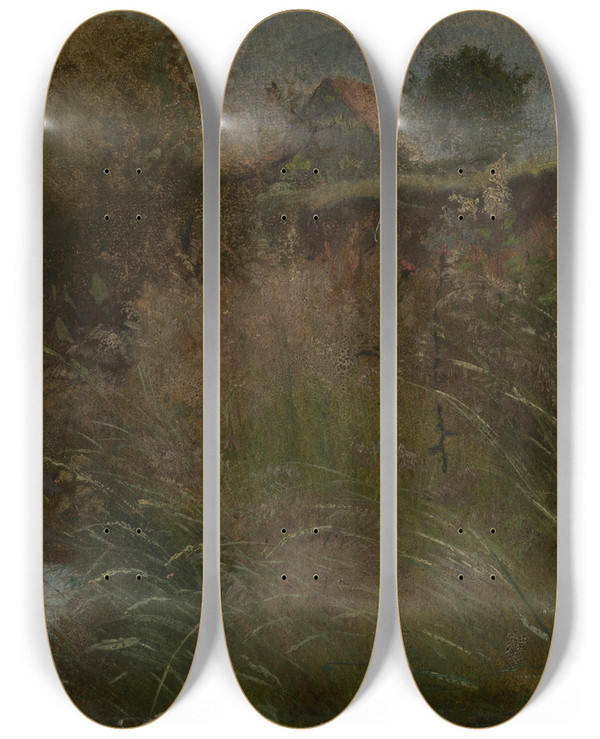 Triptych art skateboard deck of Hans Thoma Wiese Im Hintergrund Ein Bauernhaus by Hans Thoma (1839-1924)
