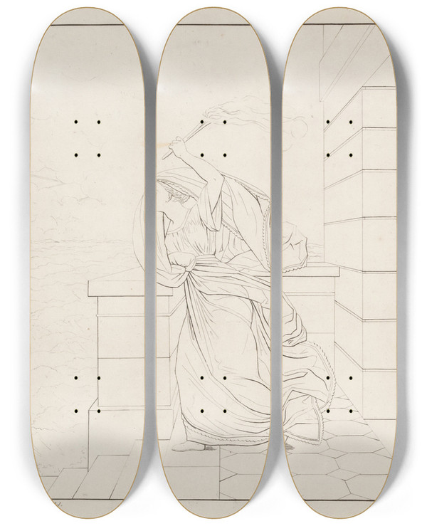 Triptych art skateboard deck of Edvard Sonne Hero Ventende Leander by Edvard Sonne
