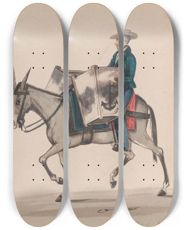 Triptych art skateboard deck of Francisco Fierro A Baker On Horseback by Francisco Fierro (1807-1879)