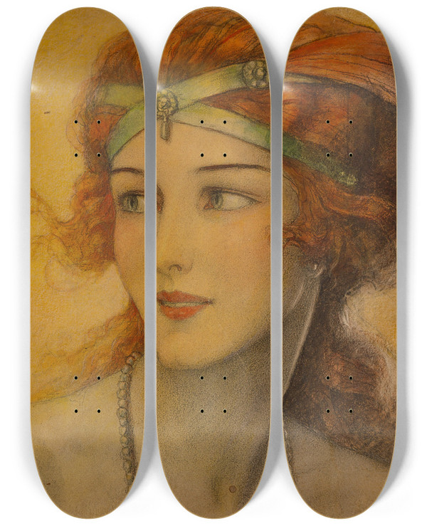 Triptych art skateboard deck of Wladyslaw Theodore Benda Glamour In Red by Wladyslaw Theodore Benda (1873-1948)