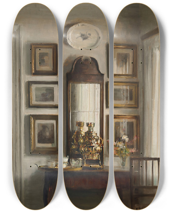 Triptych art skateboard deck of Carl Holse Interior With A Samovar by Carl Holsoe (1863-1935)