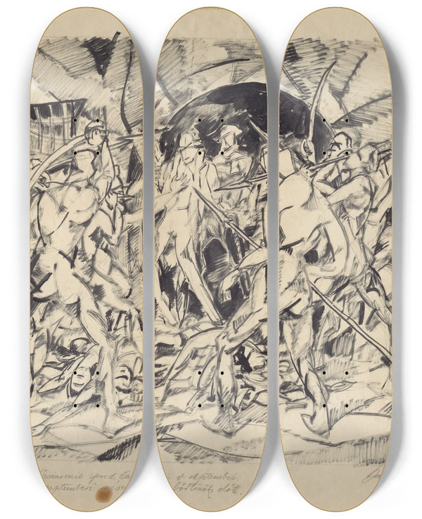 Triptych art skateboard deck of Kontantn Bauer Septembrov Masakra Pred Alrom by Konstantin Bauer (1893-1928)