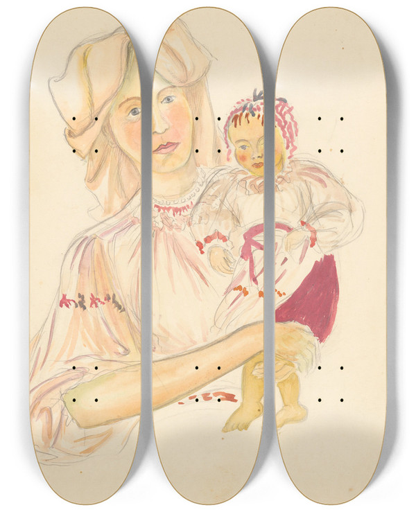 Triptych art skateboard deck of Jn Novk Matka S Dieaom by Jan Novak (1921-1944)