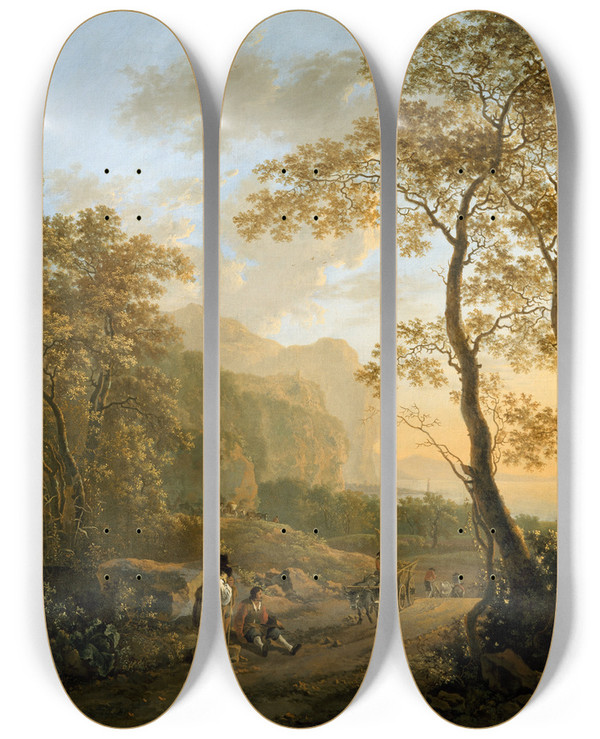 Triptych art skateboard deck of Jan Both Landscape With Resting Travellers And Oxcart by Jan Both (1618-1652)