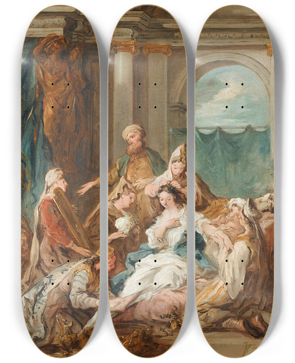 Triptych art skateboard deck of Jeanfranois De Troy Esther At Her Toilet by Jean-Franois de Troy (1679-1752)