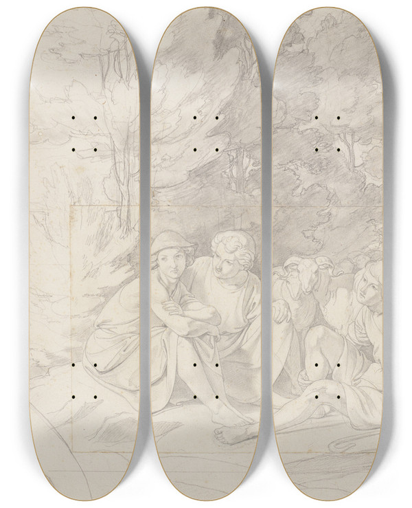 Triptych art skateboard deck of Gustav Heinrich Naecke Drei Hirten Mit Schafen Und Ziegen An Einer Baumgruppe Sitzend by Gustav Heinrich Naecke (1786-1835)