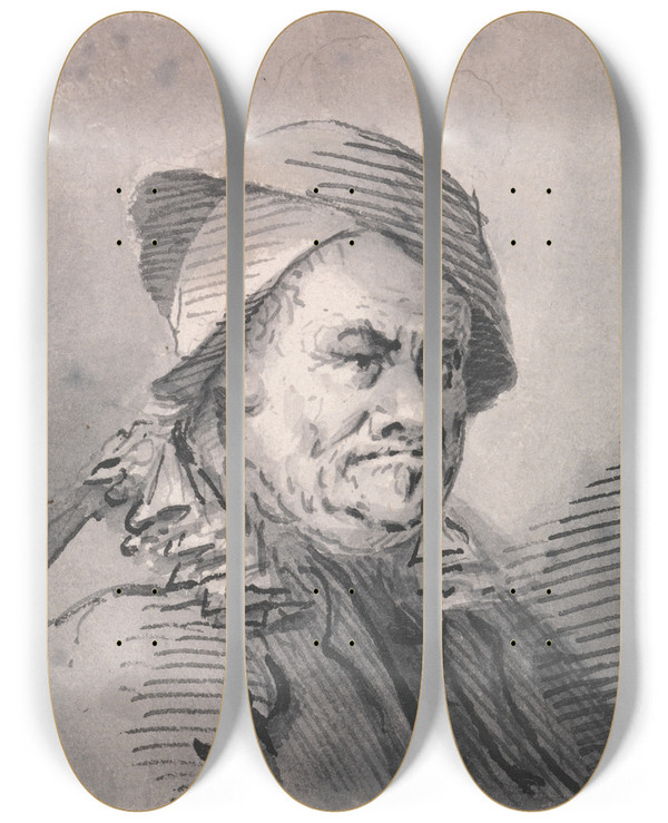 Triptych art skateboard deck of Francis Le Piper A Man In Eccentric Head Gear And Collar by Francis Le Piper