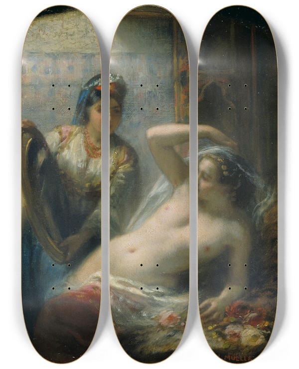 Triptych art skateboard deck of Charles Louis Mller An Odalisque by Charles Louis Muller (1815-1892)
