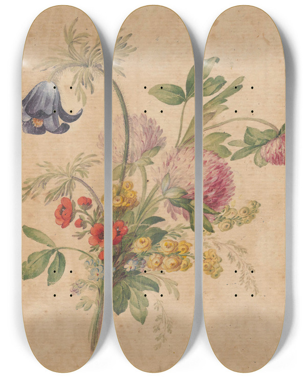 Triptych art skateboard deck of Henryka Beyer A Bouquet Of Wild Flowers by Henryka Beyer (1782-1855)