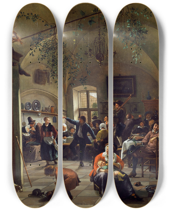 Triptych art skateboard deck of Jan Steen Merrymaking In A Tavern by Jan Steen (1626-1679)