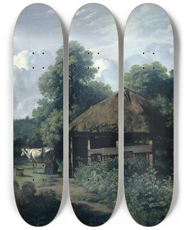 Triptych art skateboard deck of Wouter Johannes Van Troostwijk Farm Building In Gelderland by Wouter Johannes Van Troostwijk (1782-1810)