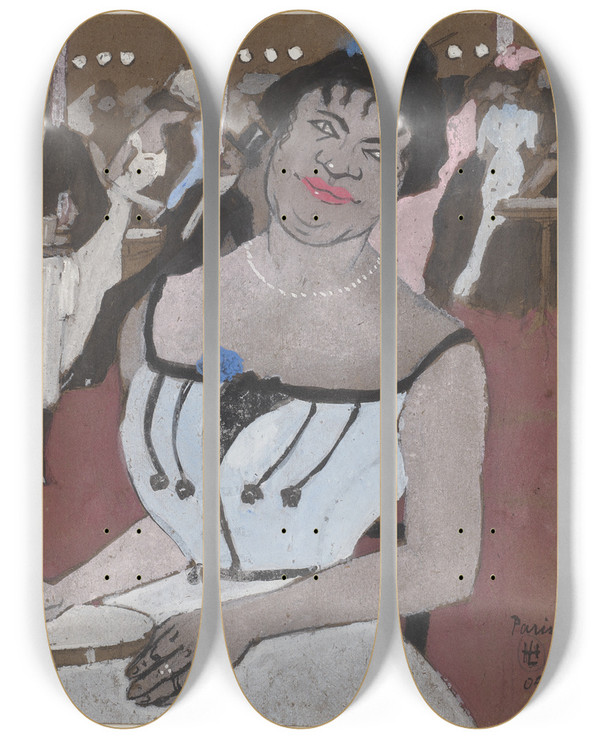 Triptych art skateboard deck of Hermann Lismann Schwarze Frau Auf Einer Abendgesellschaft by Hermann Lismann (1878-1943)