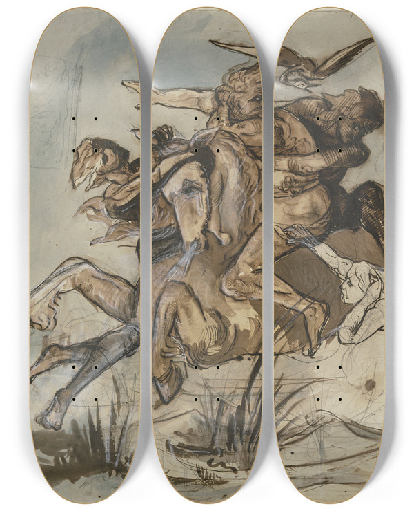 Triptych art skateboard deck of Victor Mller Brtiger Mann In Begleitung Eines Vogels Auf Einem Pferd Im Gestreckten Galopp Drei Gestalten Suchen Beide Niederzuringen by Victor Muller (1829-1871)
