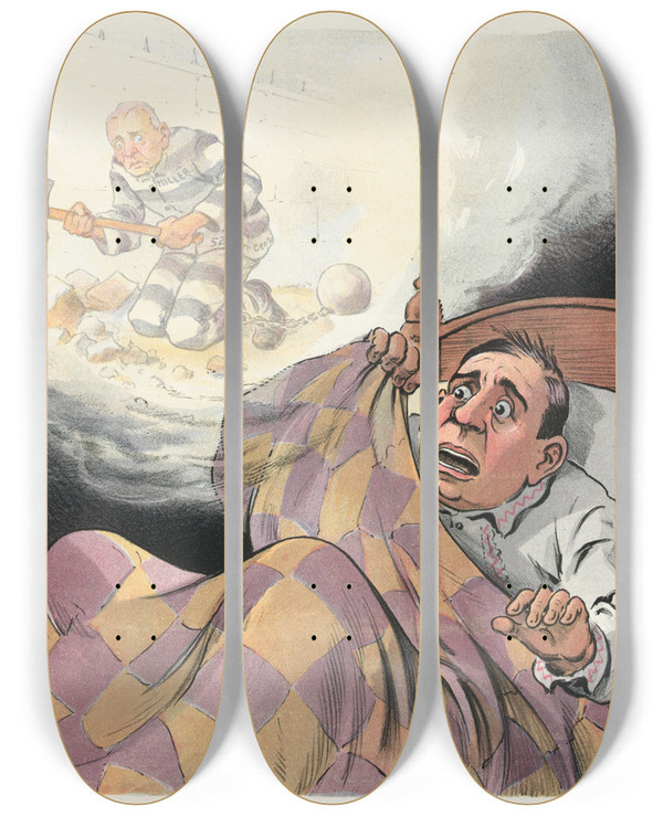 Triptych art skateboard deck of John Samuel Pughe The Trust Promoters Nightmare by John Samuel Pughe (1870-1909)
