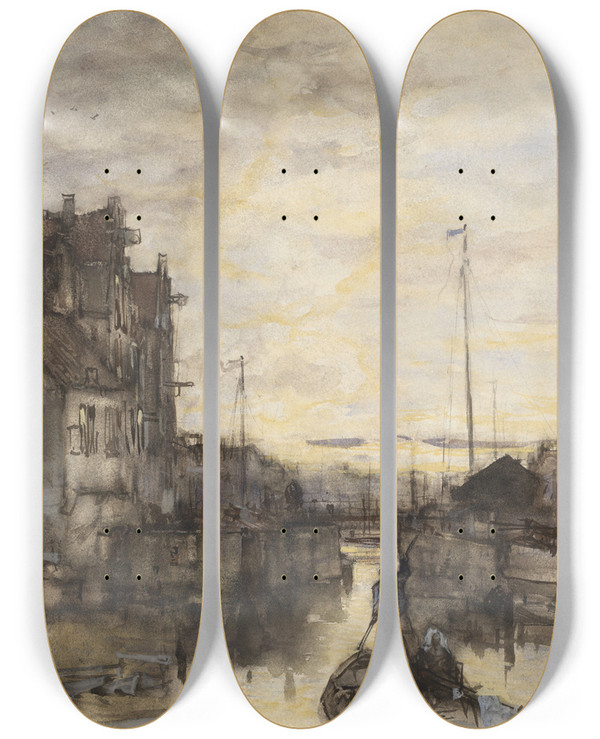 Triptych art skateboard deck of Jacob Maris Stadsgezicht Bij Avond by Jacob Maris (1837-1899)