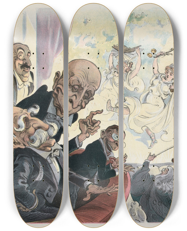 Triptych art skateboard deck of Udo Keppler As Seen From The Boxes by Udo Keppler (1872-1956)
