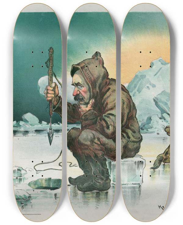 Triptych art skateboard deck of Udo Keppler Hell Never Catch It by Udo Keppler (1872-1956)