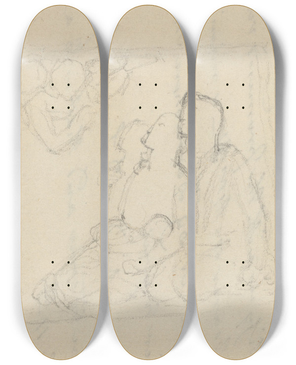 Triptych art skateboard deck of John Flaxman Holy Family With Angels by John Flaxman (1755-1826)