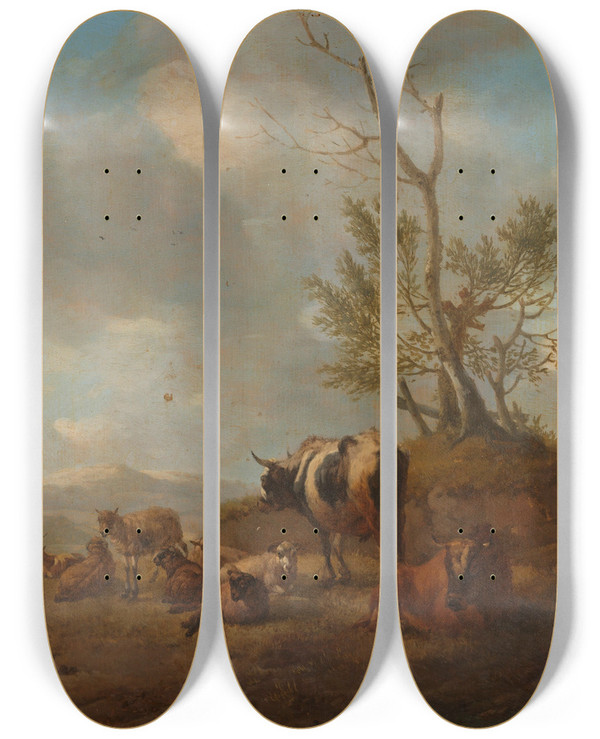 Triptych art skateboard deck of Willem Romeyn Landscape With Animals by Willem Romeyn (1624-1694)