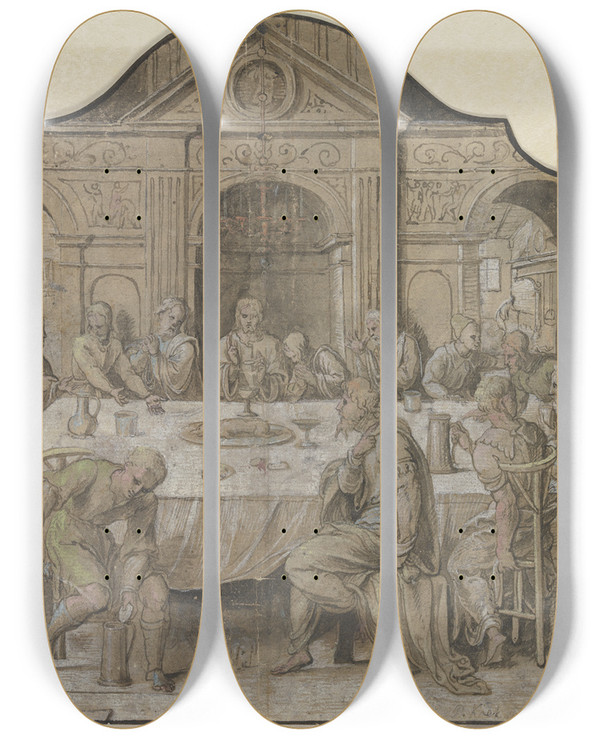 Triptych art skateboard deck of Pieter Coecke Van Aelst The Last Supper by Pieter Coecke Van Aelst (1502-1550)