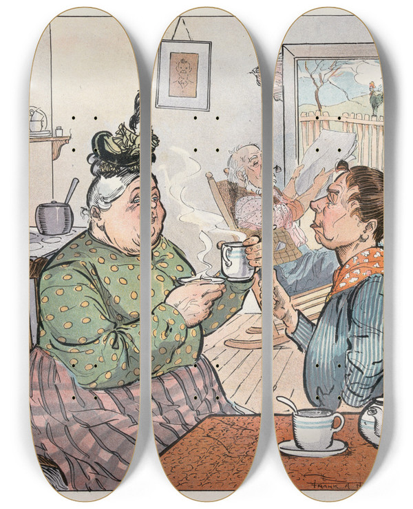 Triptych art skateboard deck of Frank Arthur Nankivell The Difficulty by Frank Arthur Nankivell (1869-1959)