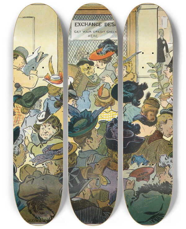 Triptych art skateboard deck of Louis Glackens The Day After by Louis Glackens (1866-1933)